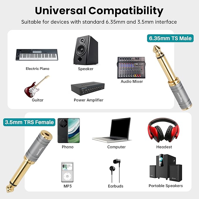6.35mm 1/4 Inch to 3.5mm 1/8 Inch Adapter 2 Pack, 6.35mm Quarter Inch TS Mono Male to 3.5mm TRS Female Stereo Jack Plug Audio Converter Connector Premium Quality Series for Speaker, Headphone, Guitar