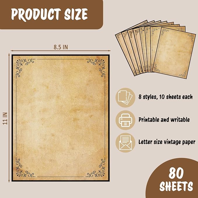 Tlenpo Stationery Vintage Antique Design Printing Writing Papers 8.5 x 11 in, 80 Sheets, Old Age Printer Papers, Retro Painted Border Letterhead, Double Sided Printing Paper, 8 Designs