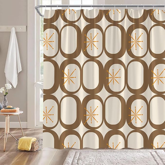 Mid Century Modern Extra Long Shower Curtain Abstract Atomic Geometric Round Squares Retro 50s Brown Fabic with Hooks for Bathroom Decor,70x75 Inch