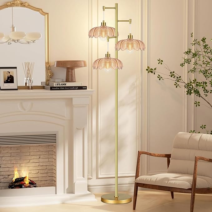 ILLMTW Floor Lamp for Living Room,Bedroom,Gold Mid Century Modern Standing Lamp Brass Tree 3 Light Tall Floor Lamps Vintage Retro Floor Lights Glass Flower Lamp Shade Farmhouse Boho Bohemian