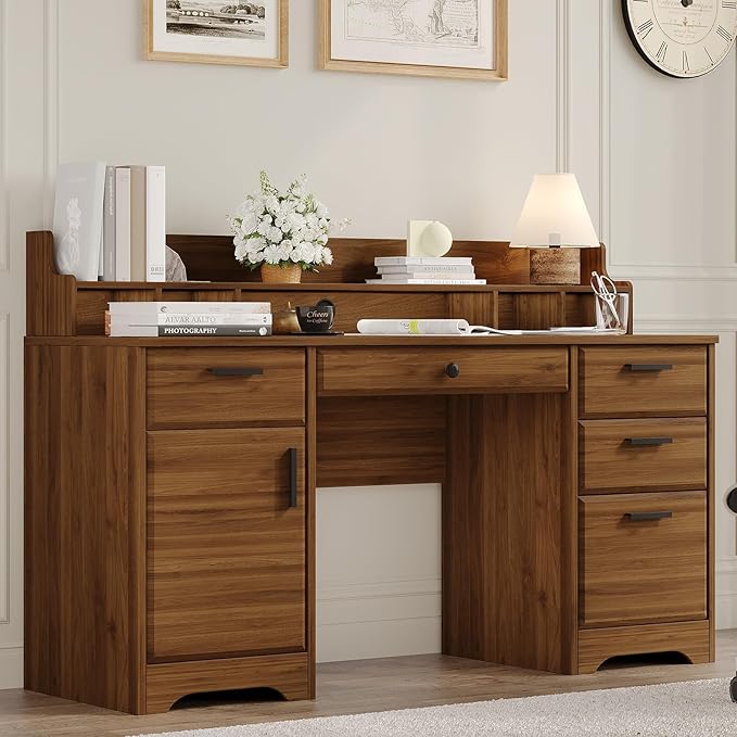 Executive Desk with File Drawers,Computer Desk with Storage,58 Inch Home Office Desk with Storage Cabinet for Bedroom, Rustic Brown
