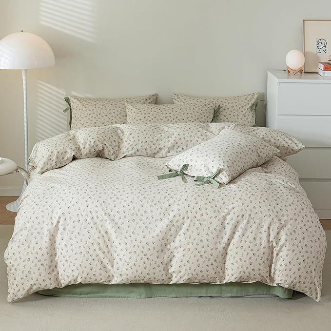 HighBuy Girl Floral Comforter Set Full Cute Boho Full Size Comforter Bedding Sets for Kids with 2 Bow Tie Pillowcases Cottagecore 3 Piece Coquette Bedding Comforter Sets Bed Set Easy Care