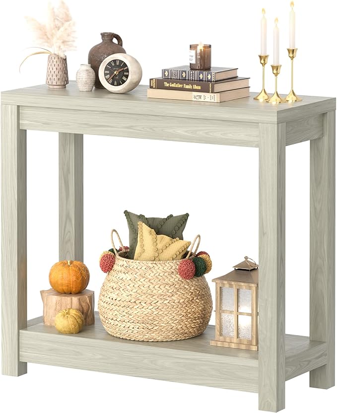 Small Farmhouse Wood Entryway Table Narrow Console Table with Storage Behind Couch Sofa Table with Shelves Entry Way Table with Open Storage, Easy Assembly, 32" Classical Washed Oak