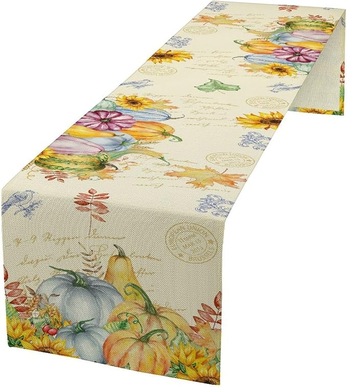 Fall Table Runner Watercolor Pumpkins Sunflowers Maple Leaves Baroque Floral Birds Country Thanksgiving Home Decor for Farmhouse Indoor Outdoor Party Holiday Dining Kitchen Restaurant Cafe W13xL60in