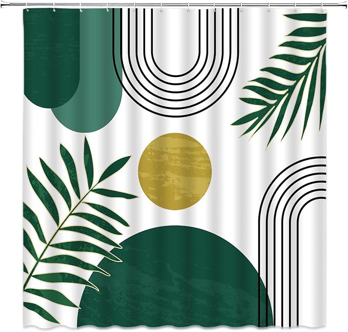 Mid Century Modern Shower Curtain Boho Green Abstract Retro Aesthetic Fabric for Bathroom Decor Bathtub with Hooks (67" WX70 H)