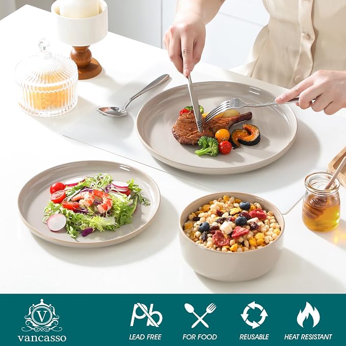 vancasso PLAYA Ceramic Plates and Bowls Sets,24 Pieces Grey Dinnerware Sets for Kitchen,Reactive Glaze Dishes Set for 8, Dishwasher and Microwave Safe