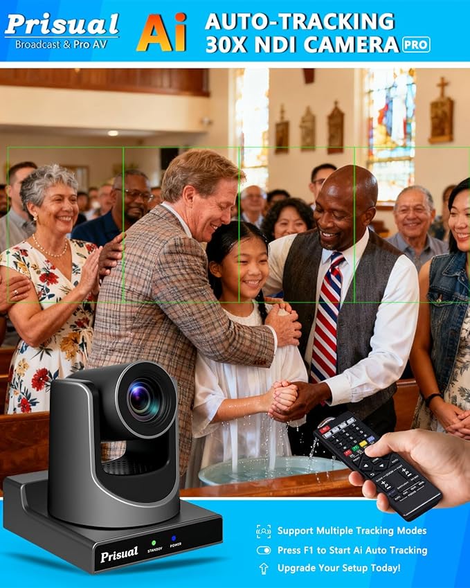 Prisual NDI PTZ Camera Gen 5, 30X Optical Zoom, AI Auto Tracking, 3G-SDI USB LAN PoE HDMI PTZ Camera for Church Broadcast Education Events (Official NDI 6 & NDI HX3 Certified) TEM-30N PRO