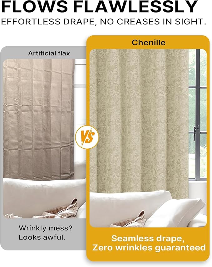 Chenille Floral Blackout Curtains 108 Inch Length 2 Panels Set - Bedroom Living Room Darkening Thermal Insulated Black Out Window Treatments Grommet Jacquard Drapes 52 Inch Wide Beige