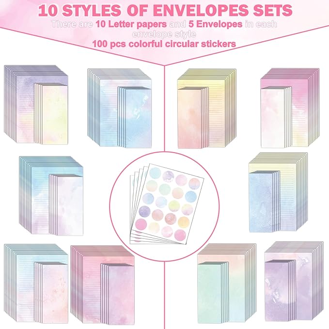 EggSun 250Pcs Watercolor Stationery Paper and Envelope Set with 100 Letterhead Papers and 50 Envelopes, 10 Design for Letter Writing Invitations Computer Holidays Party Notes, 8.5x11 Inch-Lined