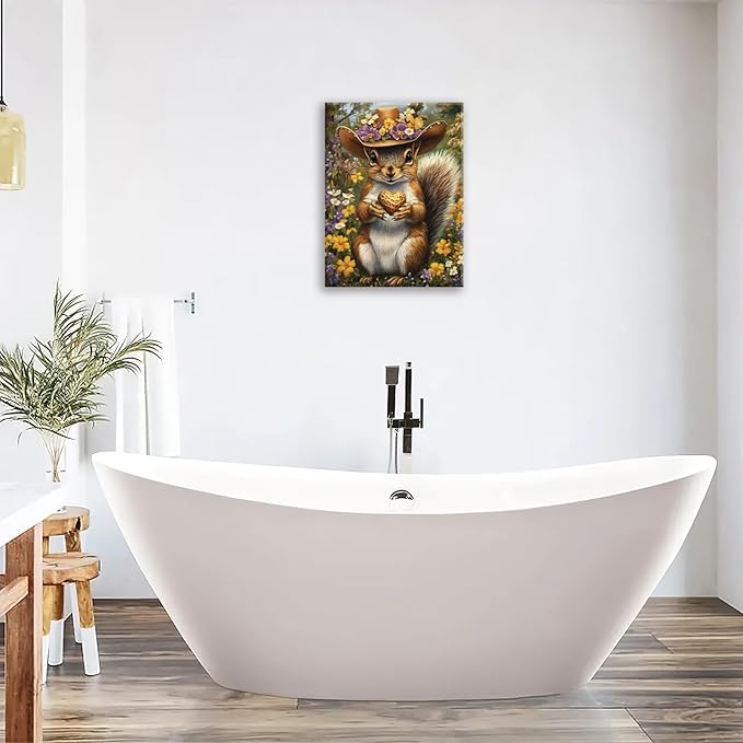 Western Squirrel Wall Art, Squirrel Peanut Pictures Wall Decor, Country Rustic Animal Canvas Prints, Forest Flower Painting, Framed Artwork for Bathroom Living Room Bedroom Dining Room 24"X20"