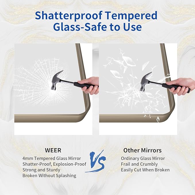 WEER Bronze Framed Modern Wall-Mounted Bathroom Mirror, 55"L x 36"W, Brushed Bronze Aluminum Frame, Shatterproof Tempered Glass, Rounded Rectangle, Horizontal/Vertical Mounting