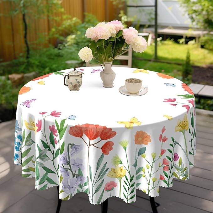 Eikione Round Tablecloth 60inch,Tablecloth Waterproof and Wrinkle-Free, Wild Flower Rustic Table Covers, Summer Decorations for Home