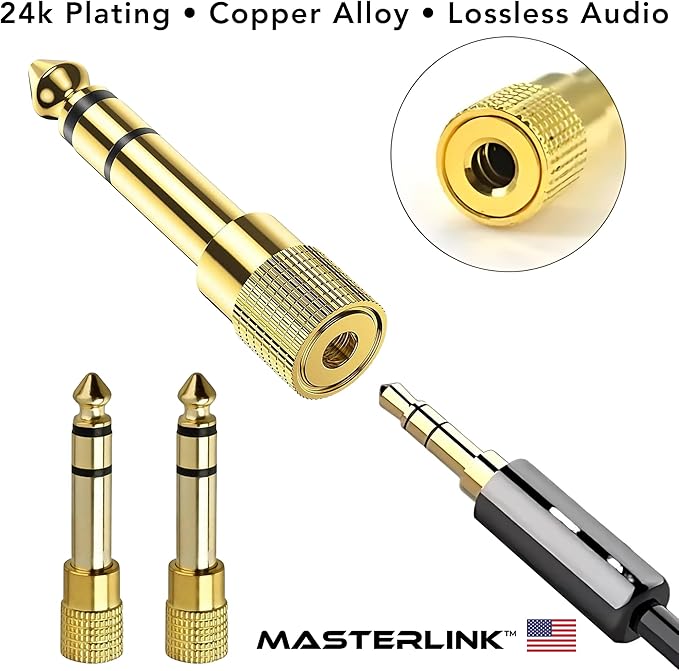MASTERLINK 1/8” (1/4 inch) Male to 3.5mm (1/8 inch) Female Stereo Audio Jack Adapter for Aux Cable, Guitar Amplifier, Headphone, 2 Pack