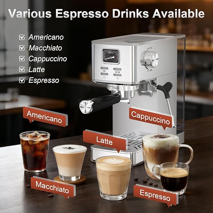Espresso Machine 20 Bar, Compact Espresso Coffee Machine with Steam Milk Frother & 47oz Removable Water Tank, Hot Water Function for Home Cappuccino, Latte