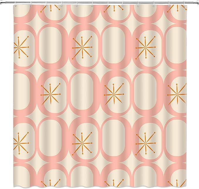Mid Century Modern Shower Curtain Abstract Atomic Geometric Round Squares Retro 50s Pink Fabic with Hooks for Bathroom Decor,60x70 Inch