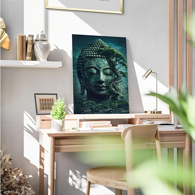 Buddha statue wall art canvas wall decor aesthetic picture mystical nature art for tranquil home and spiritual space 8x12in Wood Framed