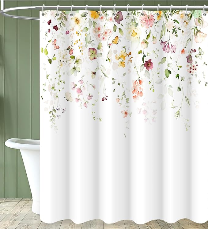 Floral Shower Curtain, Watercolor Flower Colorful Wildflower Machine Washable Waterproof Fabric for Bathroom Bathtub Decor with Hooks 72x72