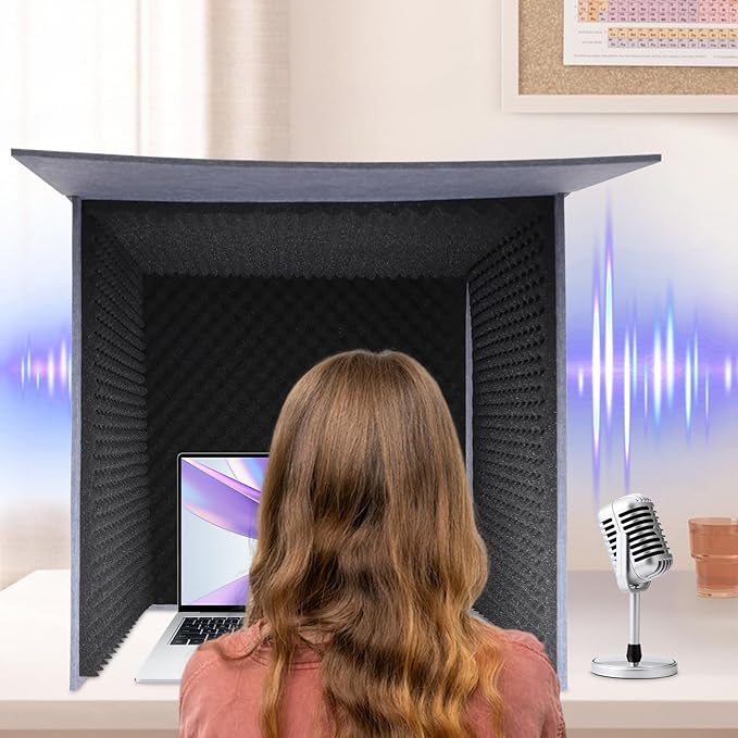 Desktop Soundproof Cover 31" H X 31" W X 31" L Recording Booth Portable Vocal Recording Booth with Double Sound Insulation Vocal Sound Absorbing Shield for Recording Studios, Offices（Black+Gray）