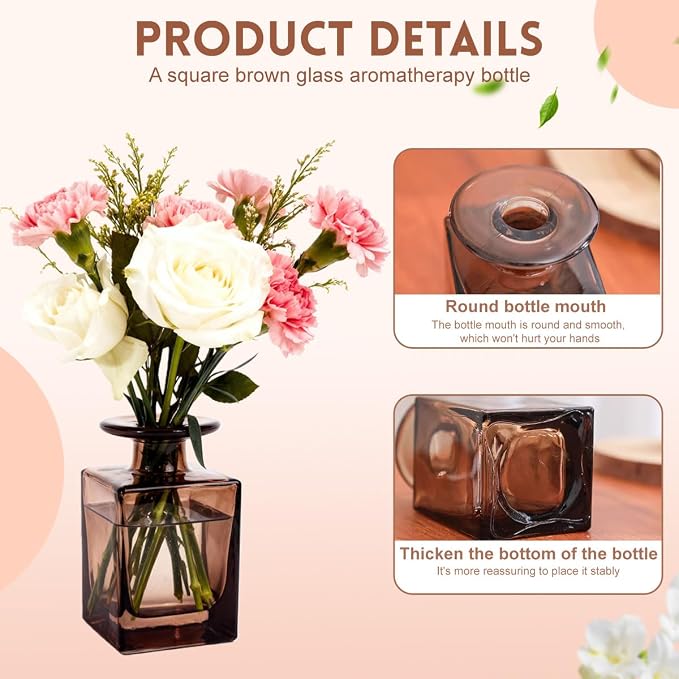 150ML/5OZ Square Amber Glass Diffuser Bottles Empty Refillable Vintage Diffuser Jars Decorative Aromatherapy Containers for Home Office(Excluding Aromatherapy Sticks)