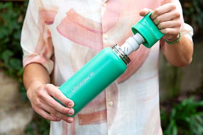 LifeStraw Go Series – Insulated Stainless Steel Water Filter Bottle for Travel and Everyday Use, Removes Bacteria, Parasites and Microplastics, Improves Taste, 24oz Cactus Green