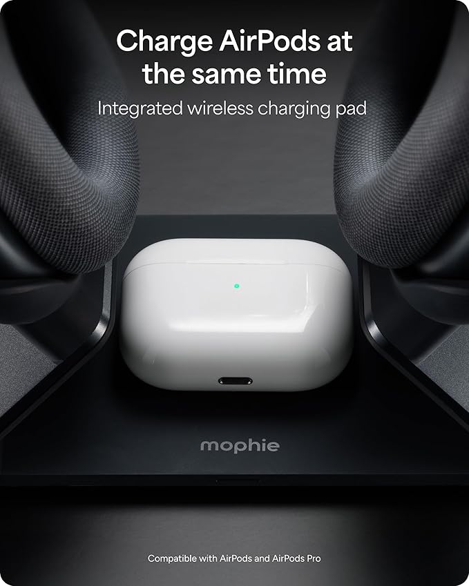 Mophie Max Dual Charging Stand for AirPods Max Headphones – Auto Sleep Mode, Premium Anti-Scratch Design, Magnetic USB-C for Effortless Alignment, Charges AirPods & Qi Devices
