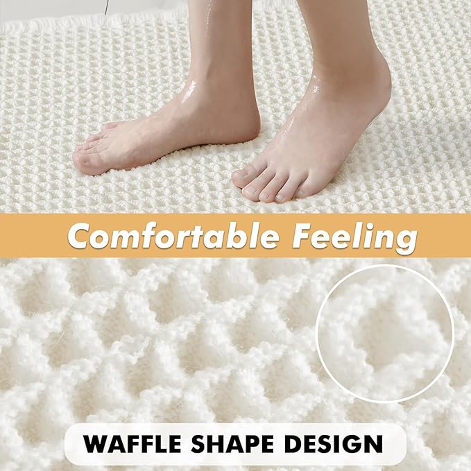 MIULEE Set of 2 Waffle Bathroom Rugs, Boho Bath Rugs Non Slip Washable, Super Absorbent Bath Mats, Ultra Soft Rubber Backed Shower Mats for Bathroom Floor, Tub, White, 17"x24"+18"x30"