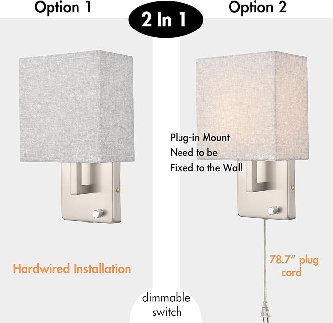 YUBOLE Modern Wall Sconces Brushed Nickel-Plug in(Received Version) and Hardwired Design Wall Light with Dimmable Switch for Bedroom Bathroom Set of 2