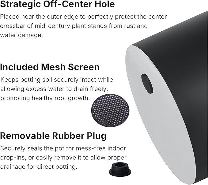 FaithLand 10 Inch Fiberstone Planter - Lightweight Modern Cylinder Plant Pot with Drainage Hole & Plug, Indoor Outdoor Use, Matte Black