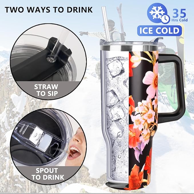 SYACOT 40 oz Tumbler with Handle and Straw Stainless Steel Insulated Tumbler Leak Proof Lid and Straw Lid Reusable Travel Mug Coffee Mug Cup Dishwasher Safe Keep Drinks Cold and Hot (Jasmine)