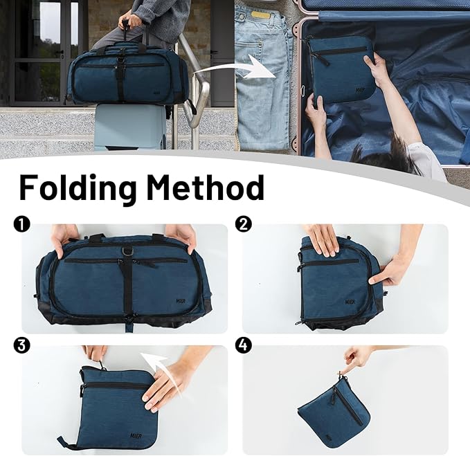 MIER Foldable Duffle Bag with Shoe Compartment 50L Travel Duffel Bags for Men Women Packable Overnight Bag for Camping Gym Weekender, Drak Blue