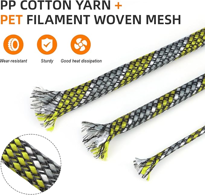 Braided Expandable Cable Sleeve, 25ft PP Cotton and PET Braided Cable Management, Flexible Mesh Wire Loom and Cable Protector for TV, Computer, Home Theater, Automotive (Yellow White Grey, 5/16")