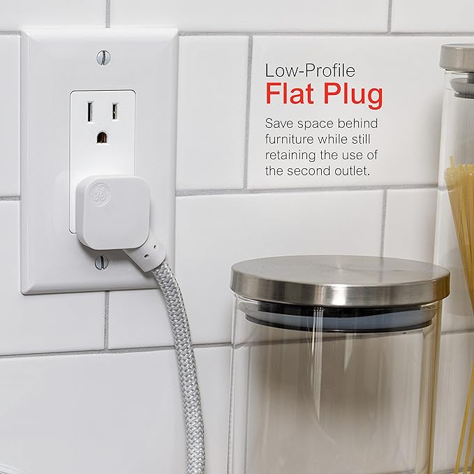 GE 3-Outlet Power Strip Surge Protector 5 Inch Braided Extension Cord with Multiple Outlets Grounded Flat Plug ETL Listed White 45190