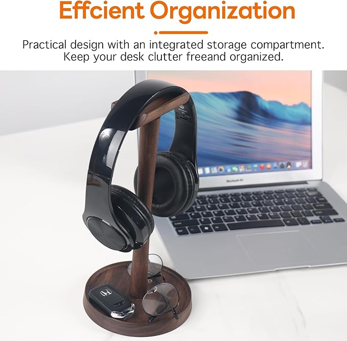 Yookin Wood Headphone Stand Headset Stand for Deak Universal Headphone Holder with Storgae Base Handcrafted Desk Organizer for Gaming Headsets(Black Walnut)