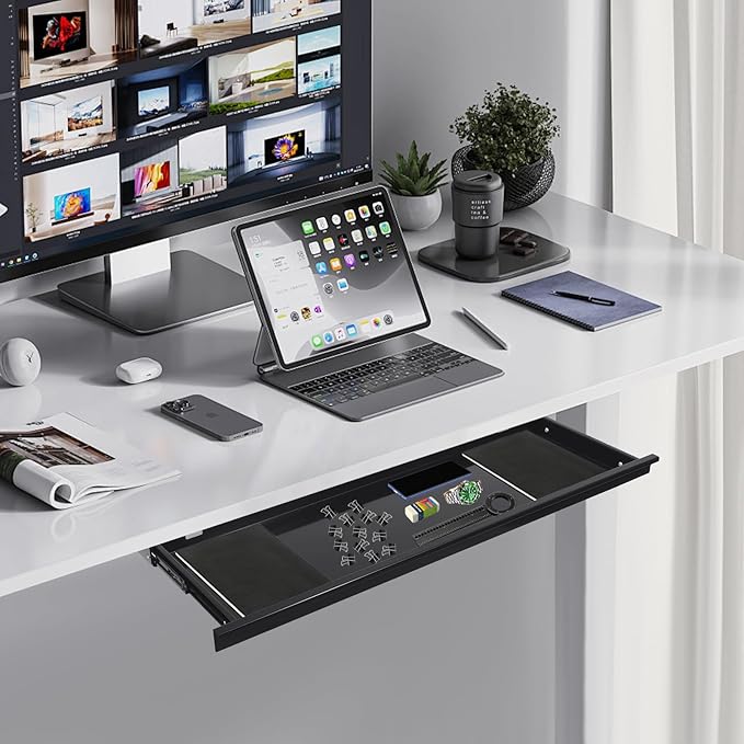 29.1" Under Desk Storage Drawer, Black Sliding Pull-Out Drawer for Sit Stand Workstation