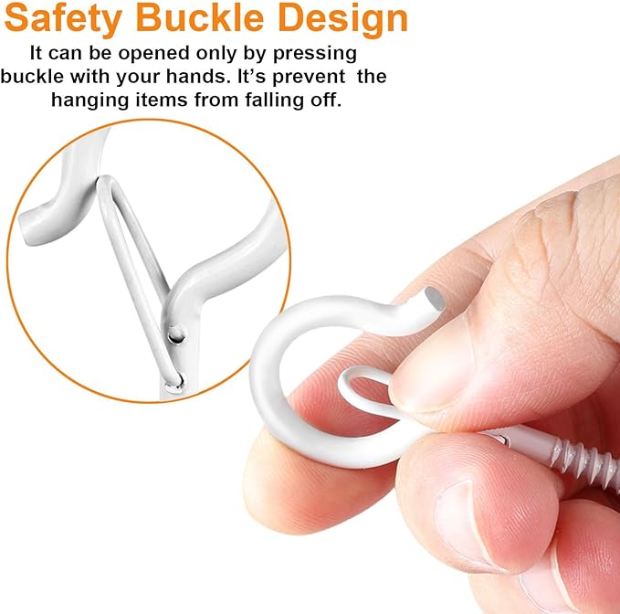 FSAH 48 PCS Q-Hanger Hooks, Screw Hooks for Outdoor String Lights, Safety Buckle Design Cup Eye Hook for Hanging Christmas Lights, Plants, Mounted on Wall Ceiling, Include 1 Wing Nut Driver, White