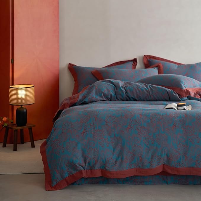Vintage Blue Floral Duvet Cover Queen Retro Forest Theme Jacquard Duvet Cover Reversible Burgundy Floral Comforter Cover Linen Cotton Yarn-Dyed Textured Duvet Cover Botanical Farmhouse Bedding Set