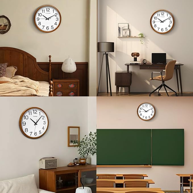 TIMESS Wall Clock, Classic Wood Style Finish, 16 Inch Non-Ticking Silent Battery Operated Analog Clock, Ideal Retro Decor for Home, Bedroom, Living Room, Kitchen, Bathroom, Office(Wood Yellow)