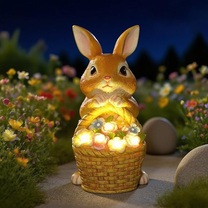 Garden Solar Rabbit Outdoor Statues - 6x4.7x8.5in Waterproof Decor for Yard Lawn Patio Porch Balcony - Easter Christmas Mother’s Day Birthday Housewarming Gifts for Women Mom Grandma