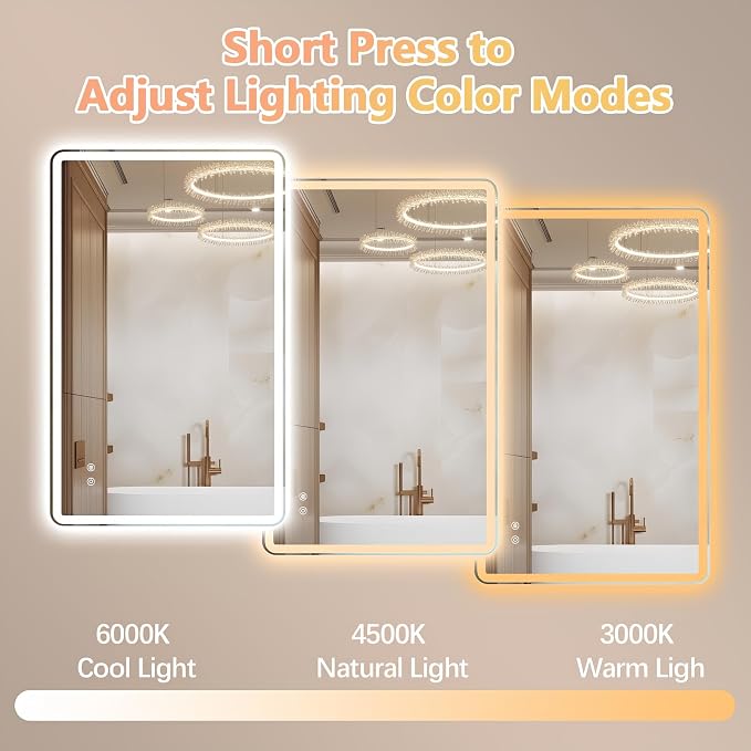Niccy 30"x48" LED Bathroom Mirror, Rectangle Vanity Mirrors with Lights, Frontlit & Backlit Lighted Vanity Mirror, Memory Funtion, 3 Colors & Stepless Dimmable, Anti-Fog, Horizontal/Vertical