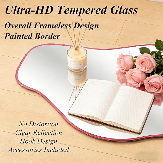 Large Irregular Mirror, 60"x24" Pink Asymmetrical Tempered Glass Mirror, Modern Organic Shape Frameless Mirrors for Entryway Hallway Bedroom Living Room, Horizontal or Vertical Hanging