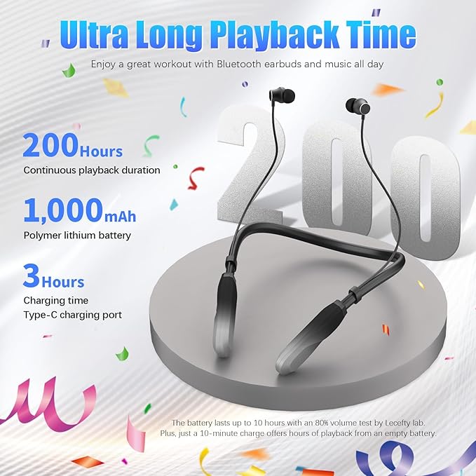 Neckband Bluetooth Headphones, 200H Extra Long Playtime Wireless Stereo Neckband Earbuds with Microphone, Waterproof Balanced Armature Drivers in Ear Headset for Sports/Workout (Silver)