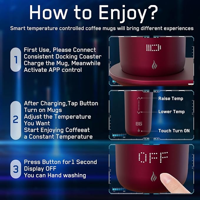 LEGARDLILIU Temperature Control Heated Coffee Mug Smart Self Heating Travel Mug 12 Oz App Controlled Warmer Mug 4-10 Hour LED Display Keep Coffee Hot Fast Wireless Charger Base Rogue red