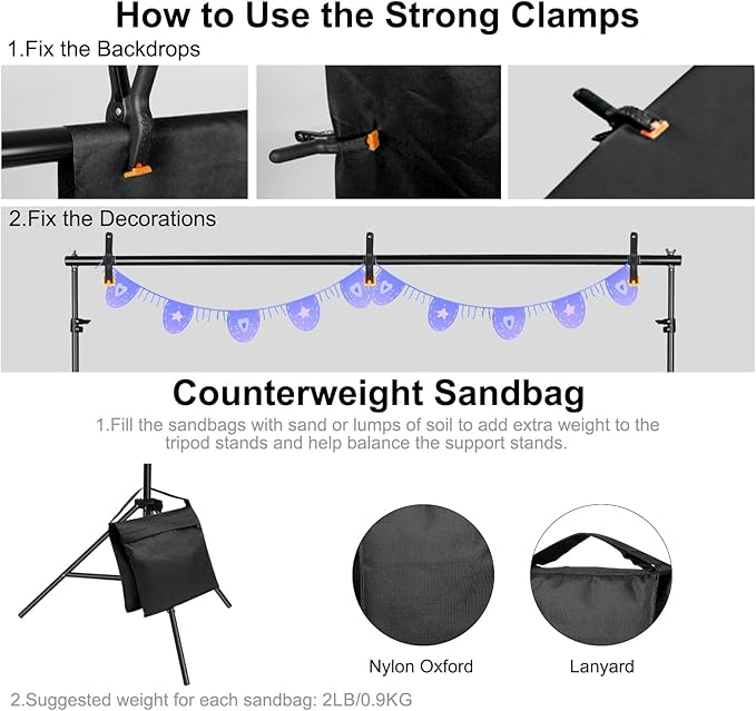 10x7ft Adjustable Photography Backdrop Stand Kit – Photo Studio Background Support with 4 Crossbars, 4 Clamps, 2 Sandbags (with 10 * 7 Feet Black Backdrop Curtain)