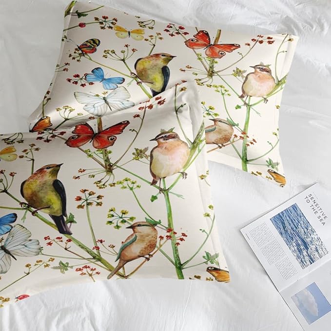 Comforter Set Full Size, Vintage Birds Butterfly Colorful 7 Pcs Bedding for Kids and Adults, Beige Spring Floral Bed Sheet Sets with Fitted Sheet 2 Pillowcase & 2 Sham for Bedroom Bed Decor