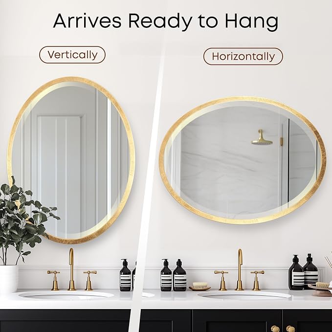 OVALCREST - Oval Wooden Beveled Wall Mirror for Home Decor, Bathroom, Vanity, Bedroom, Living Room, Hallway - London Style (Gold Leaf) 31.1 x 21.1
