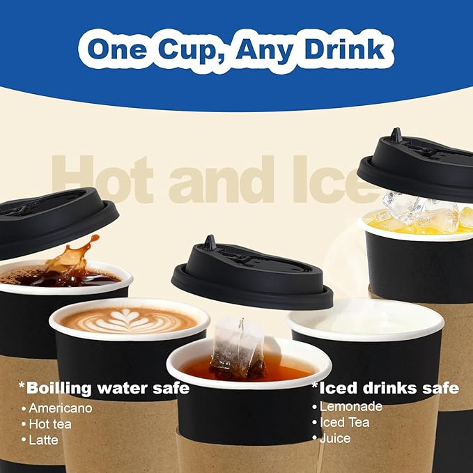 Coolcap 16 oz 50 Pack Coffee Cups with Lids and Sleeves, Straws, Hot Disposable To Go Travel Paper Cups Bulk for Office, Home Coffee Bar Accessories, Chocolate, Cocoa, Beverage (Black)