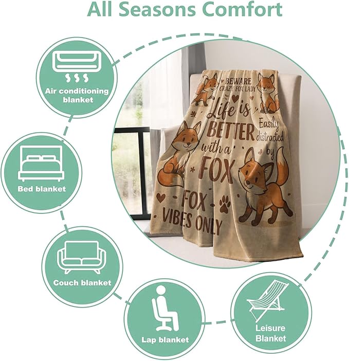 Fox Throw Blanket Gifts for Boys Girls Kids Adults, Animal Fox Flannel Blankets for Travel Sofa Living Room Decor 50"X60"