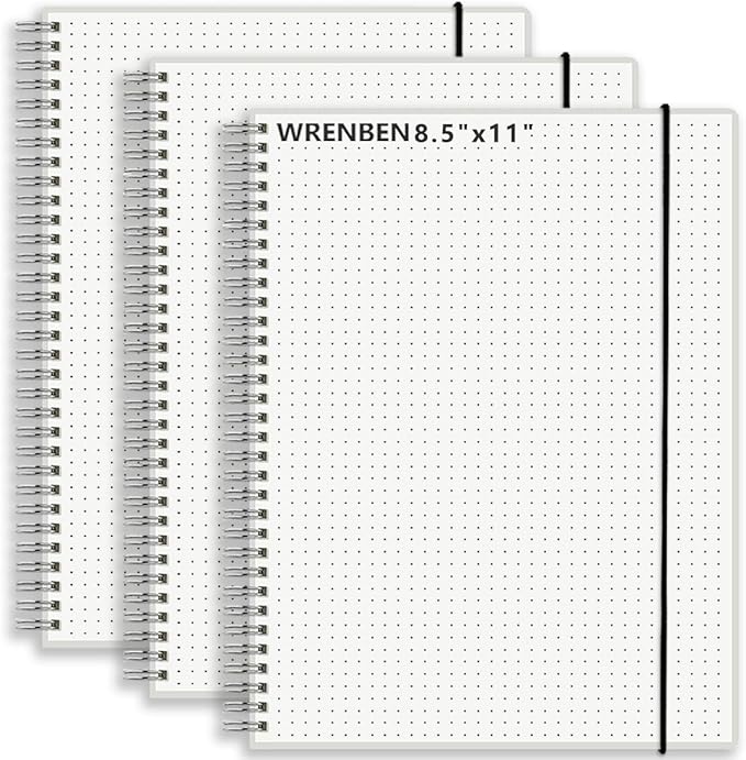 WRENBEN A4 Large Bullet Dotted Spiral Notebooks 8.5" x 11" with 120GSM Thick Paper, Elastic Band and Transparent Cover - 3 Pack Dot Grid Math Notepads for Journaling, Planning (Dotted, A4)