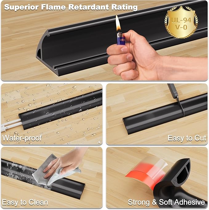 Kneelisa 10FT Side-Open Extension Cord Covers for Wires on Floor,Silicone Power Cable Protector Cord Hider Management Strip,Hide Electric Wire on Carpet,Chord Runner Protective Safety Wiremold,Black