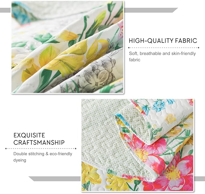 Travan Floral Quilt King Quilt Bedding Set, Ultra Soft Reversible Microfiber King Size Quilt Set with 1 Quilt Set and 2 Shams Yellow Flower Coverlet Set for All Season, Coreopsis-Yellow
